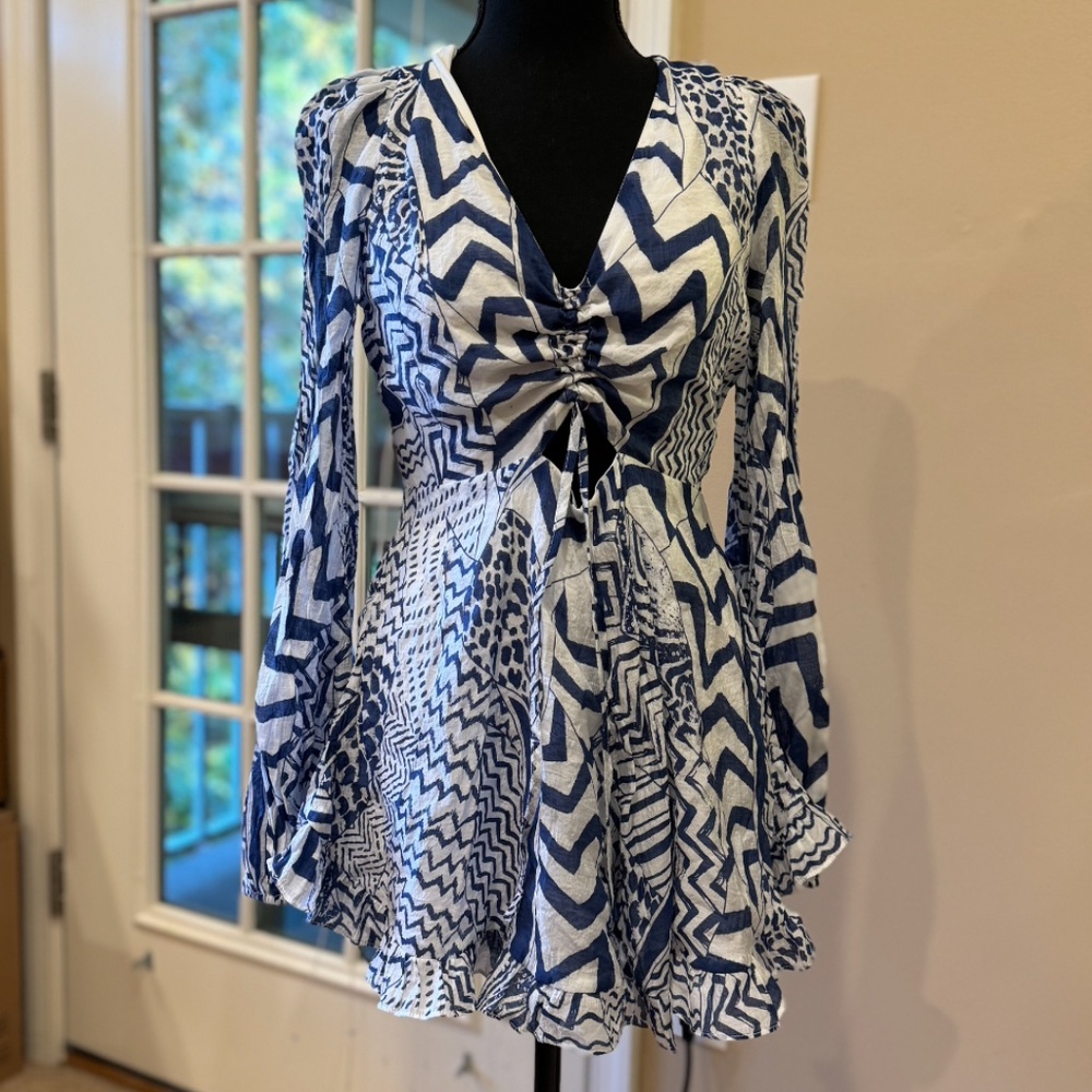 AQUA Blue and White Long Sleeve Romper